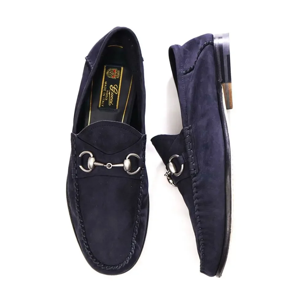 $1,090 GUCCI - Navy Blue Suede Unlined Venetian Loafers - US 9 (8.5G)